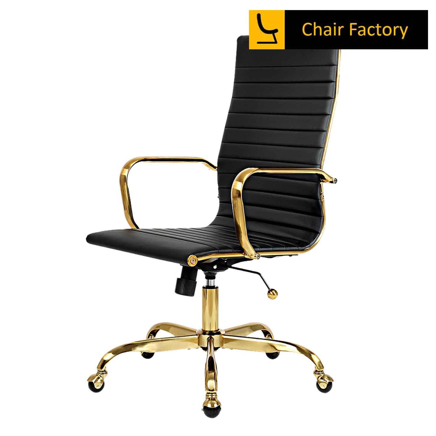 James Single Cushion High Back conference Room black leather Chair with gold frame